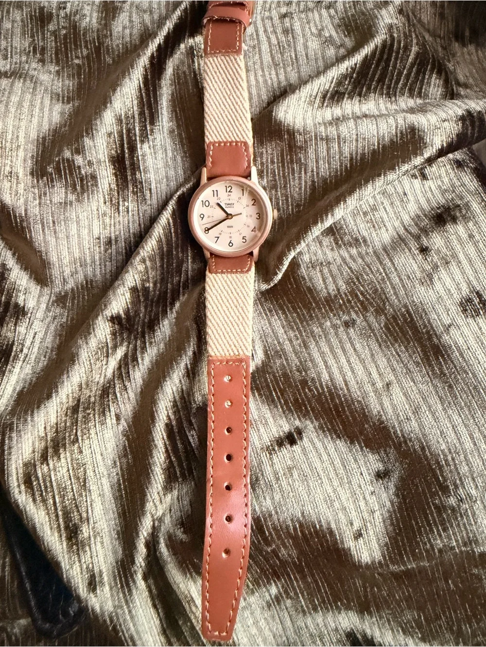 Timex Men’s Pink Case with Tan Canvas and Brown Leather-Accent Strap Watch